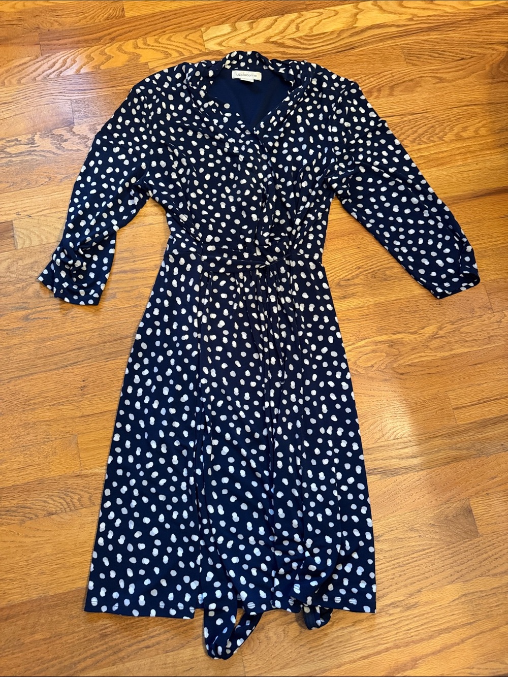 Liz Claiborne Navy & White Polka Dot Midi Wrap Dress